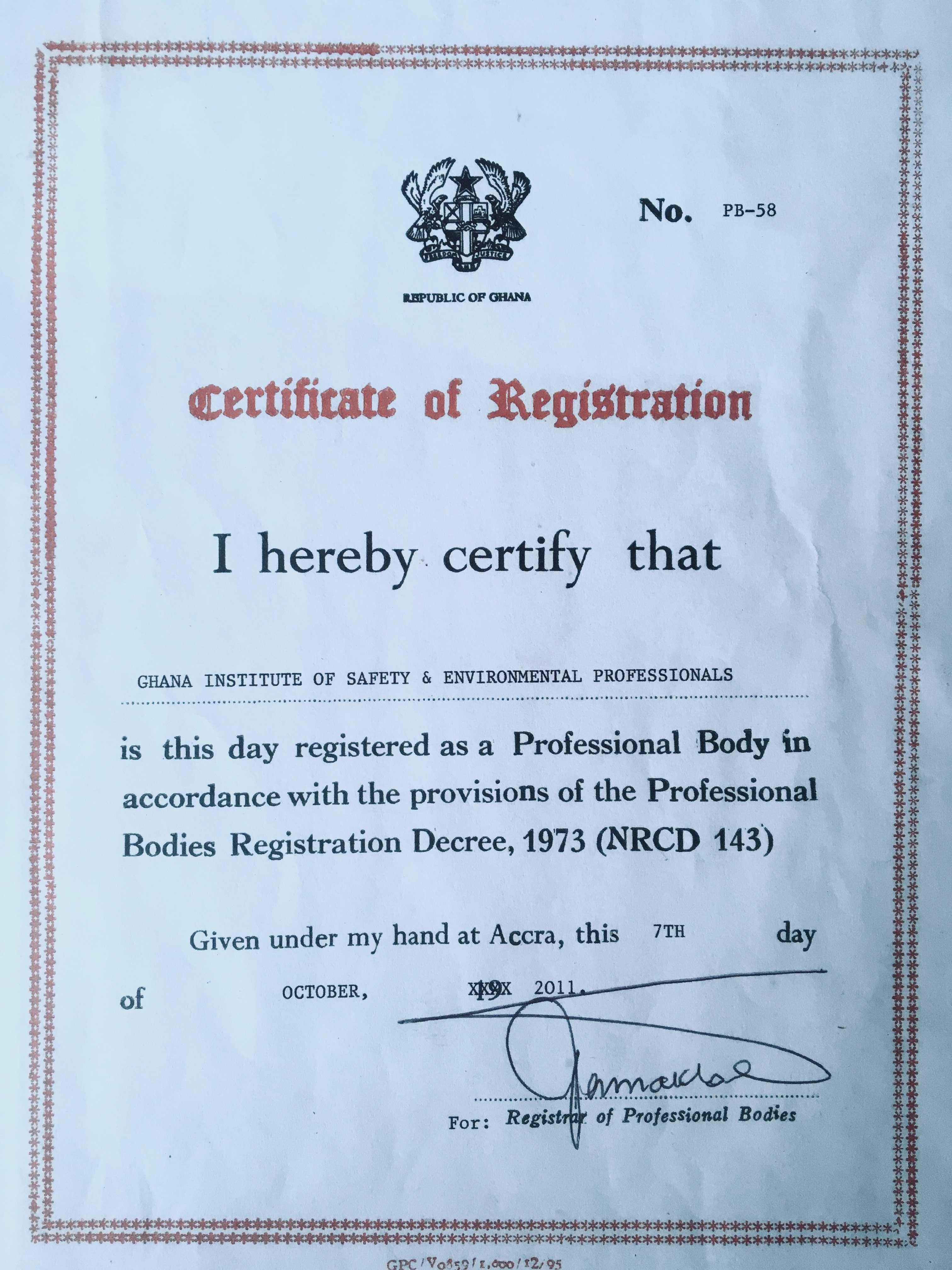GhISEP Certificate of Registration